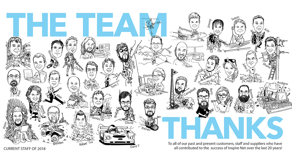
                A collage of illustrations dipicting the Inspire Net team, titled The Team. Current staff of 2018.
                Thanks to all of our past and present customers, staff and suppliers who have all contributed to the success of Inspire Net
                over the last 20 years.
                